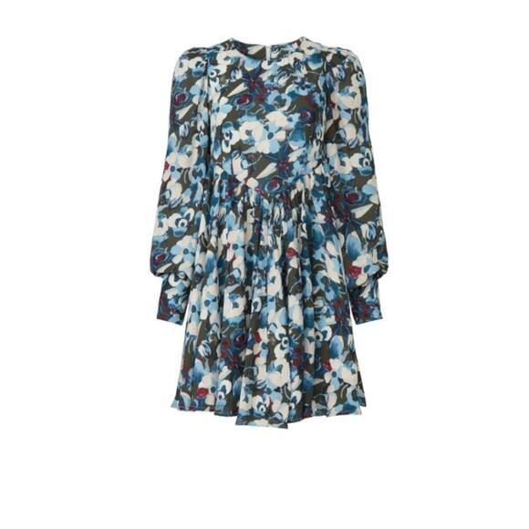Peter Som Collective Blue Floral Empire Dress Mini Long Sleeves Flutter Hem US 4 - Picture 4 of 11